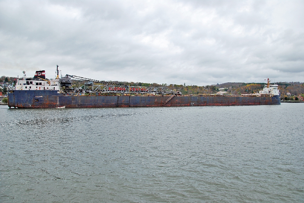 The Canadian boat ALGOSOO, a 730 foot selfunloader, brought 18,000 tons, shown here after passing through the Portage Lake Lift Bridge. 