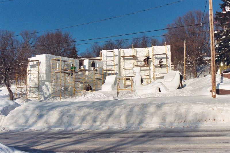 The Hancock Fraternity Winter Carnival Statue begins to take shape by the end of January.