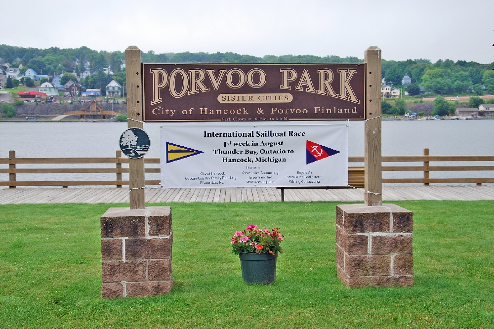 While the Race finish line is actually at the entrance to the Upper Entrance to the Keweenaw Waterway, the mooring site and activities were all centered on Hancock�s Porvoo Park on the Waterfront.